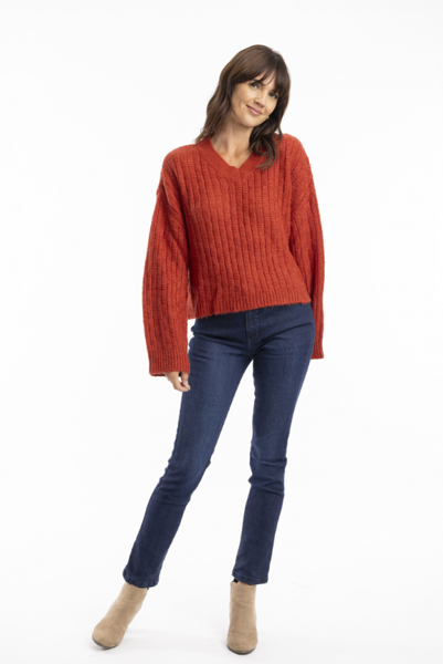 Alpaca Blend Knit V Neck Jumper- Rust | Escape by QC