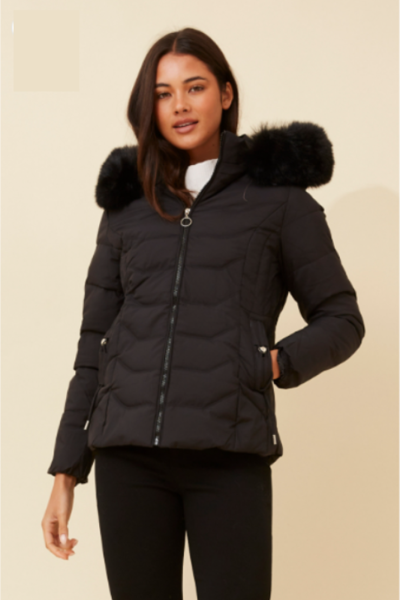 Faux Fur Puffer Jacket - Black | Caroline K Morgan