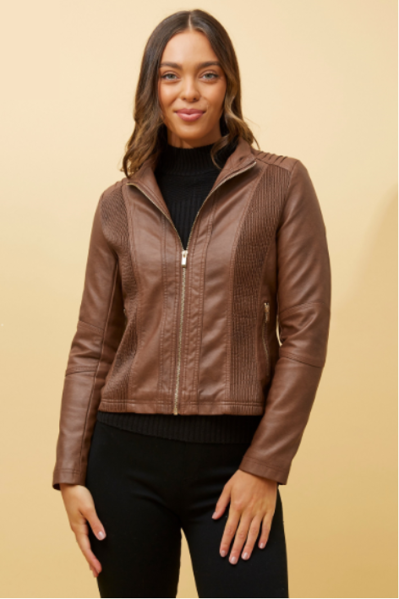 Becky Vegan Leather Biker Jacket - Tan  | Caroline K Morgan