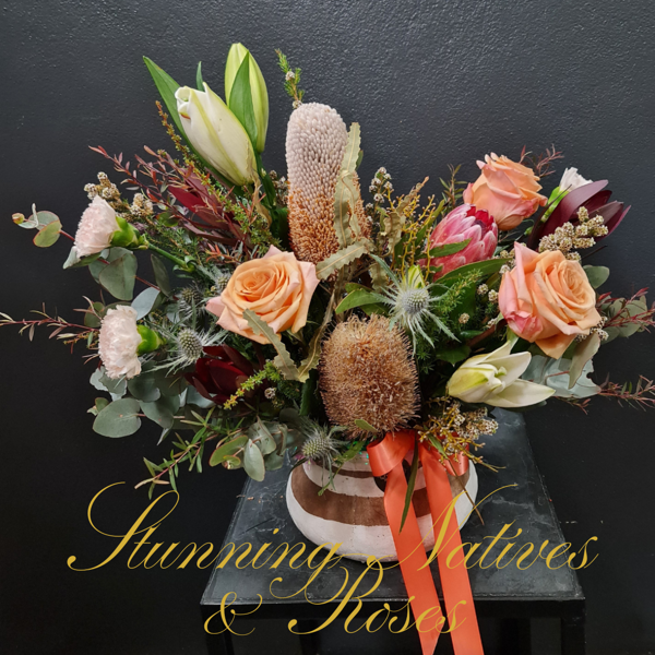 Stunning Natives & Roses In Ceramic Pot | Seasonal Natives & Roses