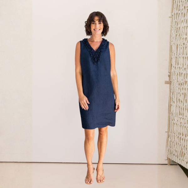 Ruffle Front Linen Dress - Navy | Seesaw
