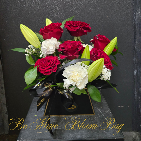 "Be Mine" Bloom Bag | 6 Red Roses + White Lillies & Carnations